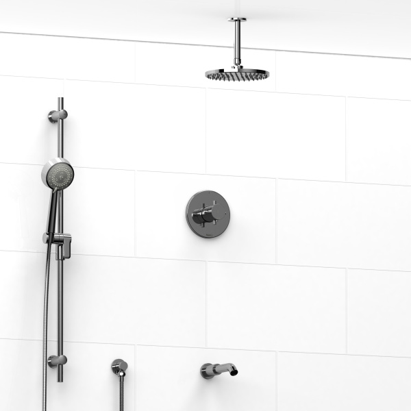 Riobel -½’’ coaxial 3-way system with hand shower rail, shower head and spout – KIT#1345PATM+