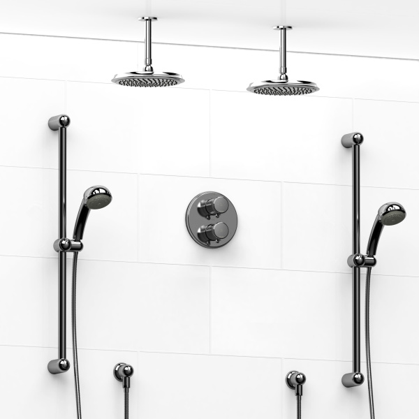 Riobel -Type T/Pdouble coaxial system with 2 hand shower rails, elbow supply and 2 shower heads – KIT#1546GN