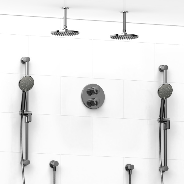 Riobel -Type T/Pdouble coaxial system with 2 hand shower rails, elbow supply and 2 shower heads – KIT#1546GS
