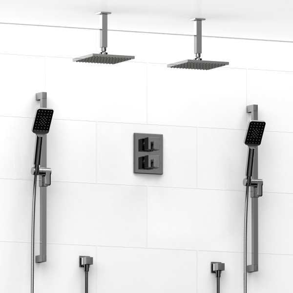 Riobel -Type T/Pdouble coaxial system with 2 hand shower rails, elbow supply and 2 shower heads – KIT#1546KST