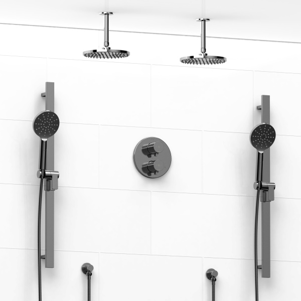 Riobel -Type T/Pdouble coaxial system with 2 hand shower rails, elbow supply and 2 shower heads – KIT#1546PXTM