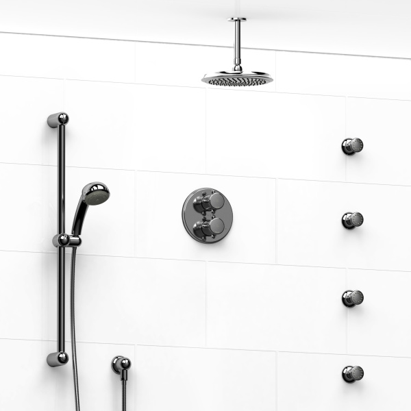 Riobel -double coaxial system with hand shower rail, 4 body jets and shower head – KIT#446GN+