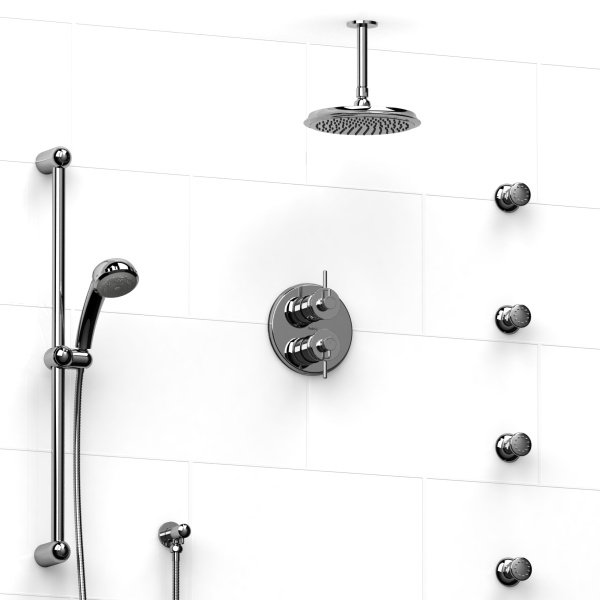 Riobel -¾” double coaxial system with hand shower rail, 4 body jets and shower head – KIT#483AT