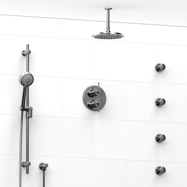 Riobel -¾” double coaxial system with hand shower rail, 4 body jets and shower head – KIT#483ATOP