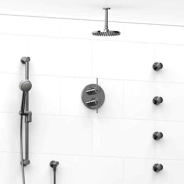 Riobel -¾” double coaxial system with hand shower rail, 4 body jets and shower head – KIT#483CSTM