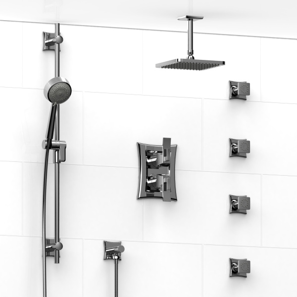 Riobel -¾” double coaxial system with hand shower rail, 4 body jets and shower head – KIT#483EF