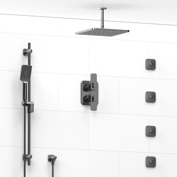 Riobel -¾” double coaxial system with hand shower rail, 4 body jets and shower head – KIT#483EQ