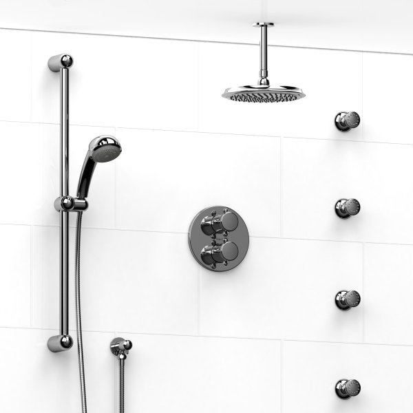 Riobel -¾” double coaxial system with hand shower rail, 4 body jets and shower head – KIT#483FI+