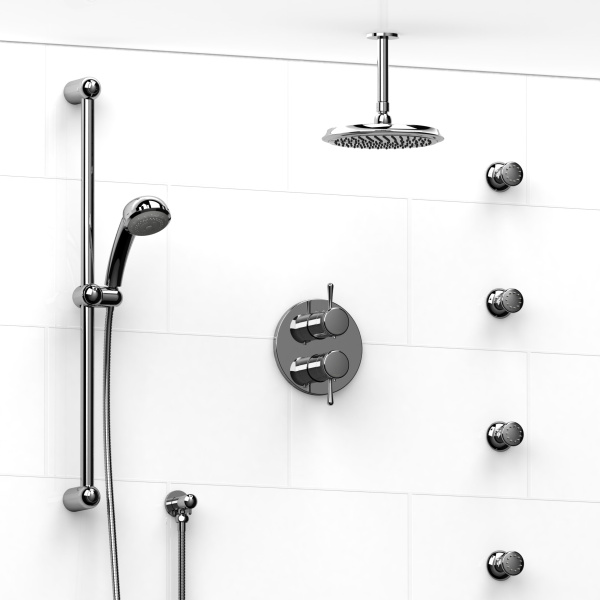 Riobel -¾” double coaxial system with hand shower rail, 4 body jets and shower head – KIT#483FI