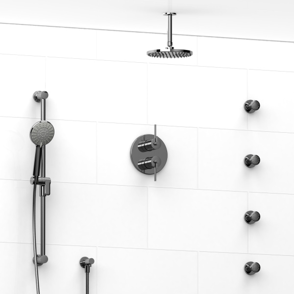 Riobel -¾” double coaxial system with hand shower rail, 4 body jets and shower head – KIT#483GS