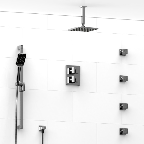 Riobel -¾” double coaxial system with hand shower rail, 4 body jets and shower head – KIT#483KSTQ