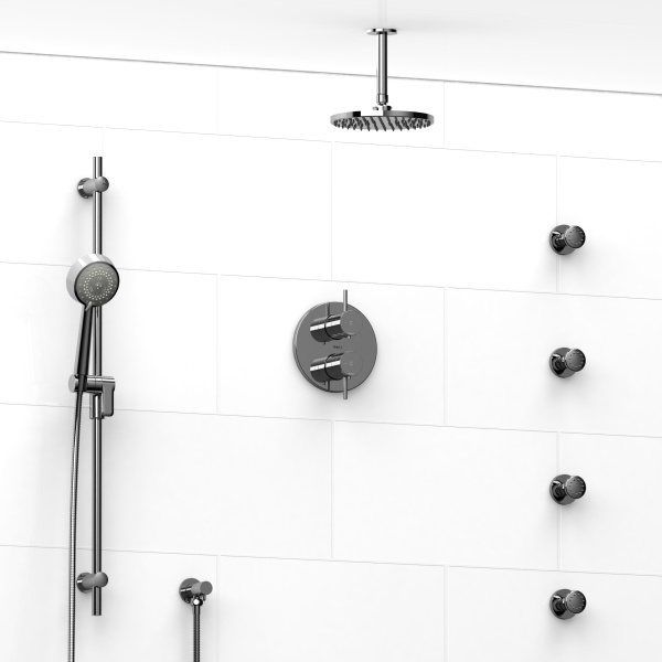 Riobel -¾” double coaxial system with hand shower rail, 4 body jets and shower head – KIT#483PATM