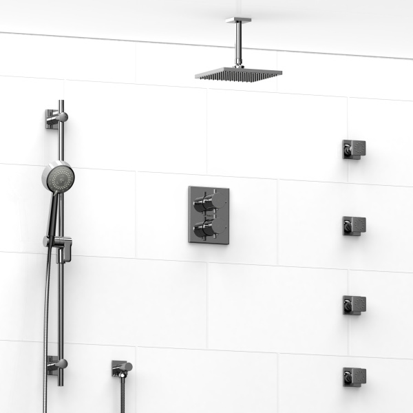 Riobel -¾” double coaxial system with hand shower rail, 4 body jets and shower head – KIT#483PATQ+
