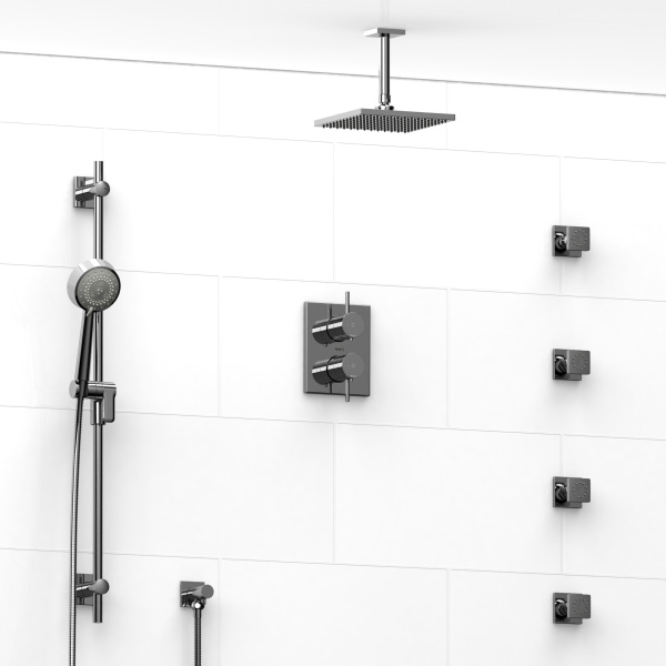 Riobel -¾” double coaxial system with hand shower rail, 4 body jets and shower head – KIT#483PATQ