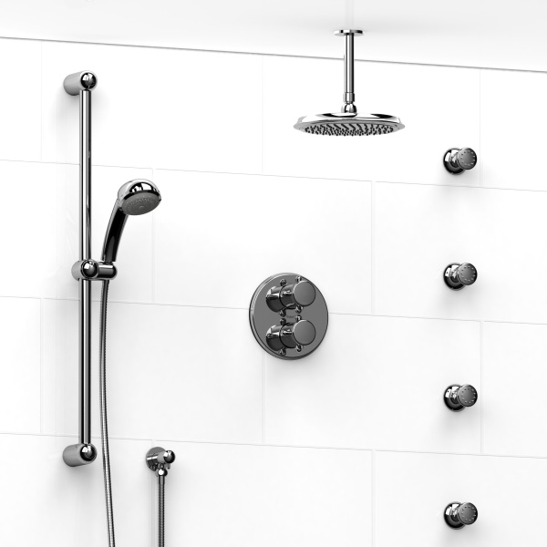 Riobel -¾” double coaxial system with hand shower rail, 4 body jets and shower head – KIT#483RT+