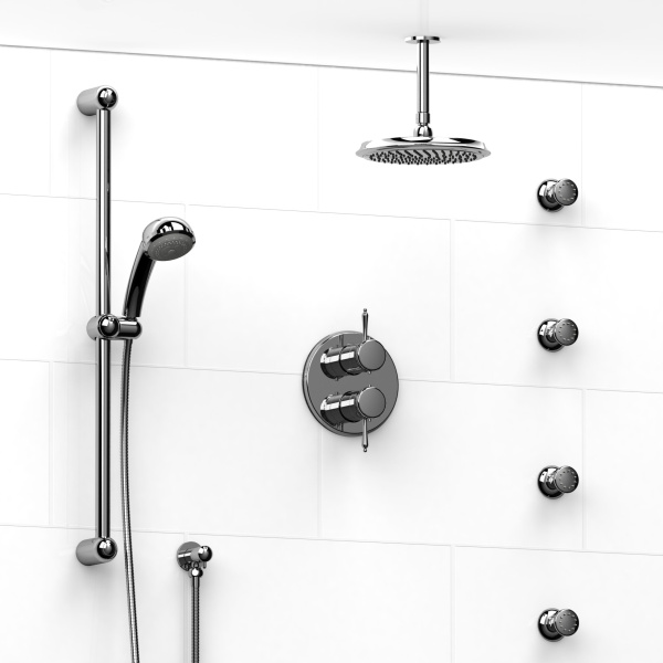 Riobel -¾” double coaxial system with hand shower rail, 4 body jets and shower head – KIT#483RT