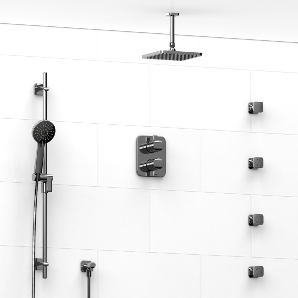 Riobel -¾” double coaxial system with hand shower rail, 4 body jets and shower head – KIT#483SA