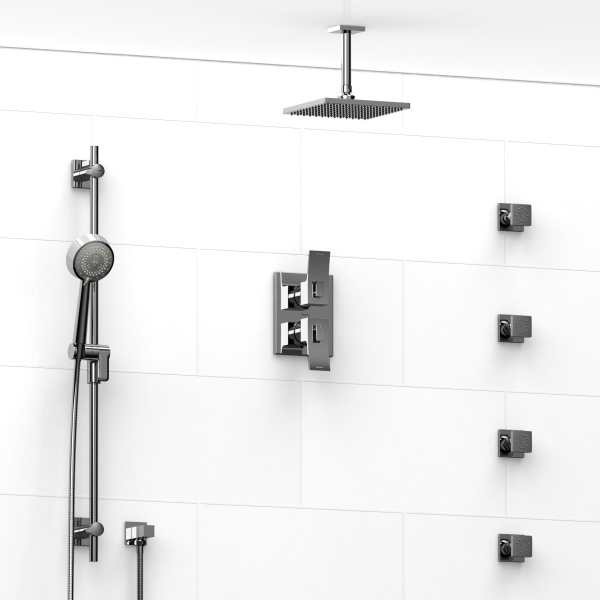 Riobel -¾” double coaxial system with hand shower rail, 4 body jets and shower head – KIT#483ZOTQ