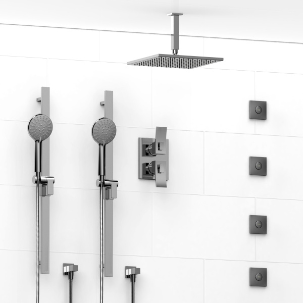 Riobel -¾” double coaxial system with 2 hand shower rails, 4 body jets and shower head – KIT#5783