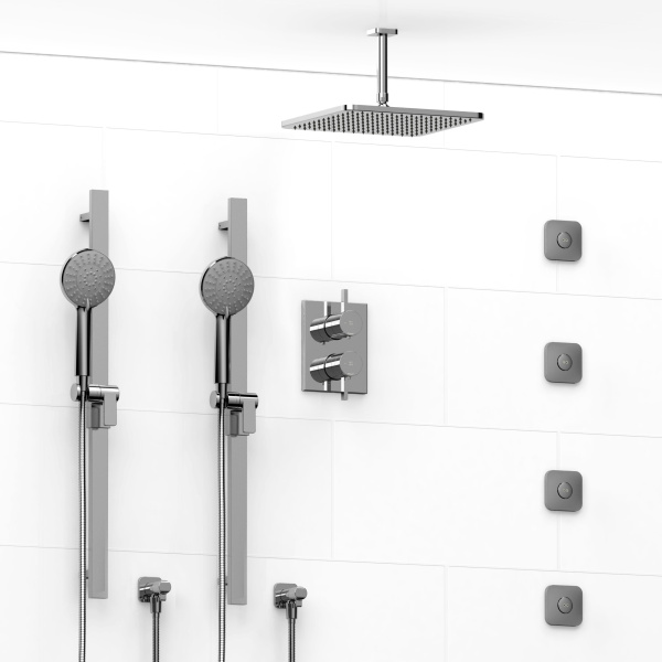 Riobel -¾” double coaxial system with 2 hand shower rails, 4 body jets and shower head – KIT#5883