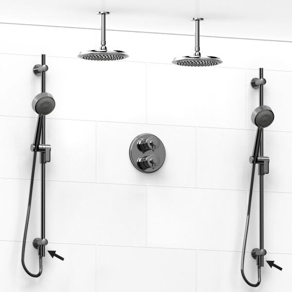 Riobel -double coaxial system with 2 hand shower rails built-in elbow supply and 2 shower heads – KIT#6546ATOP