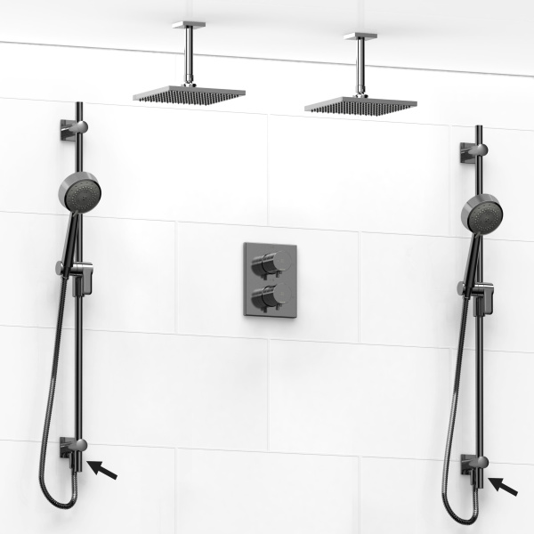 Riobel -double coaxial system with 2 hand shower rails built-in elbow supply and 2 shower heads – KIT#6546PATQ