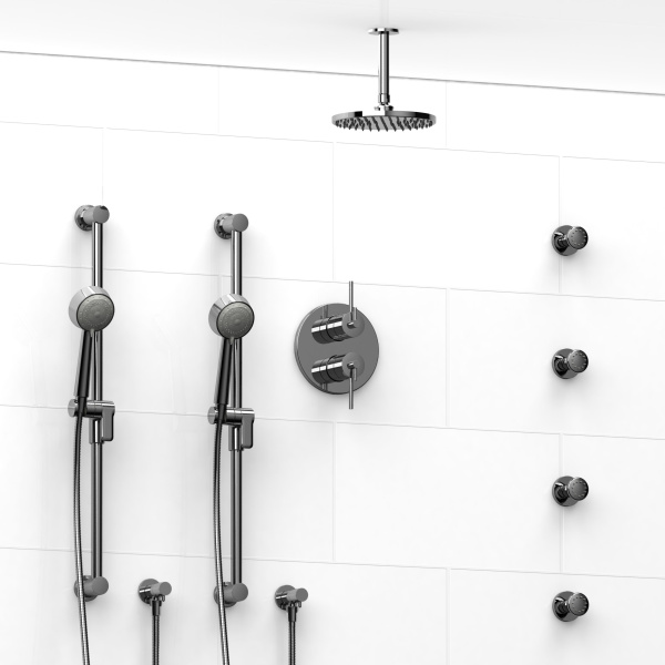 Riobel -¾” double coaxial system with 2 hand shower rails, 4 body jets and shower head – KIT#783CSTM