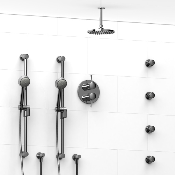 Riobel -¾” double coaxial system with 2 hand shower rails, 4 body jets and shower head – KIT#783EDTM