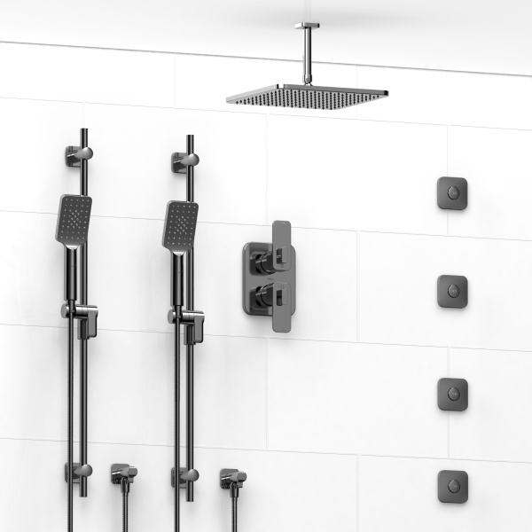 Riobel -¾” double coaxial system with 2 hand shower rails, 4 body jets and shower head – KIT#783EQ