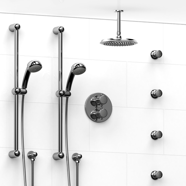 Riobel -¾” double coaxial system with 2 hand shower rails, 4 body jets and shower head – KIT#783FI+