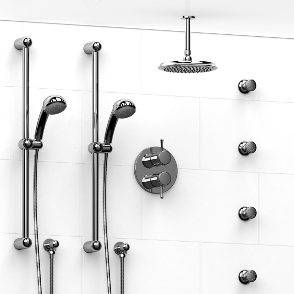 Riobel -¾” double coaxial system with 2 hand shower rails, 4 body jets and shower head – KIT#783FI
