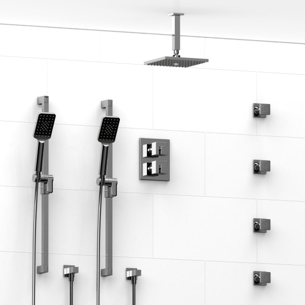 Riobel -¾” double coaxial system with 2 hand shower rails, 4 body jets and shower head – KIT#783KSTQ