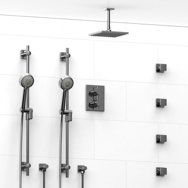 Riobel -¾” double coaxial system with 2 hand shower rails, 4 body jets and shower head – KIT#783PATQ+