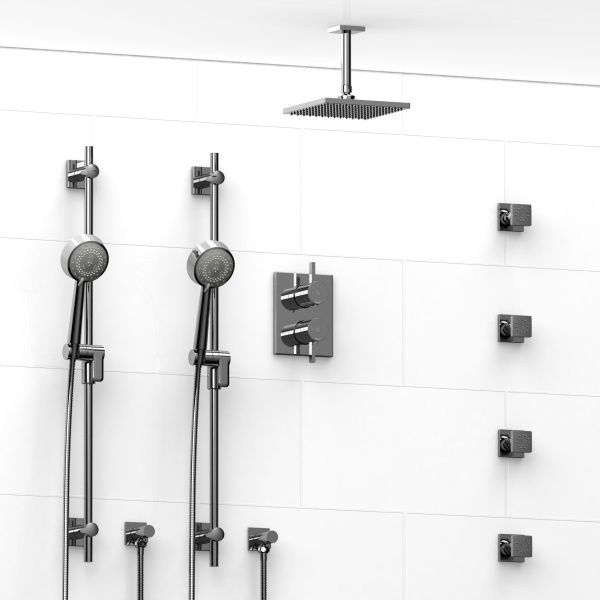 Riobel -¾” double coaxial system with 2 hand shower rails, 4 body jets and shower head – KIT#783PFTQ