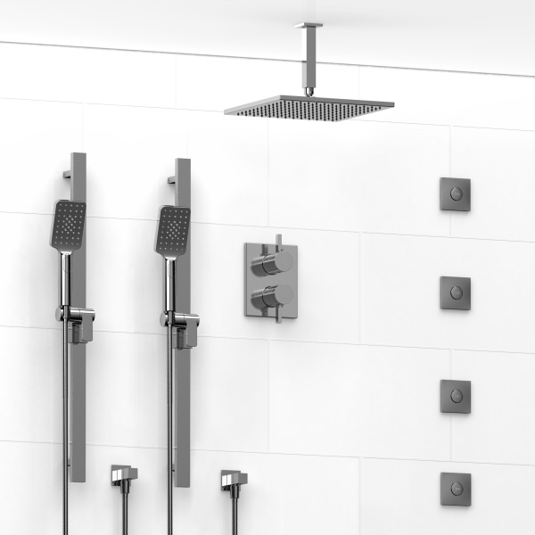 Riobel -¾” double coaxial system with 2 hand shower rails, 4 body jets and shower head – KIT#783PXTQ