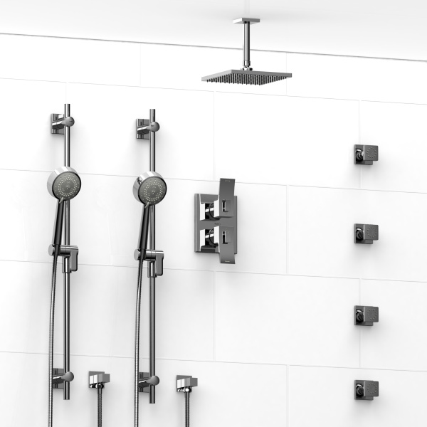 Riobel -¾” double coaxial system with 2 hand shower rails, 4 body jets and shower head – KIT#783ZOTQ