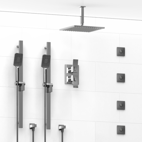 Riobel -¾” double coaxial system with 2 hand shower rails, 4 body jets and shower head – KIT#8683